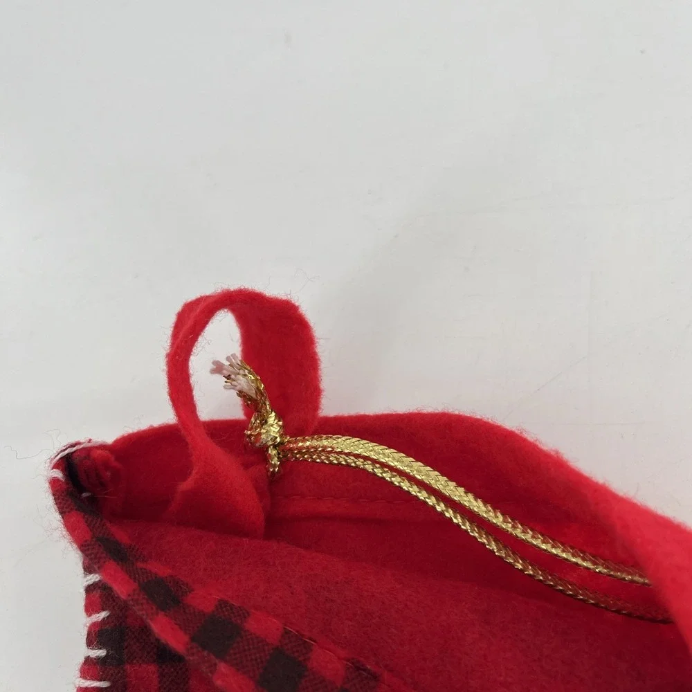 Vintage Felt Christmas Stocking Tree Stitch Button Buffalo Plaid Handcraft 19.5